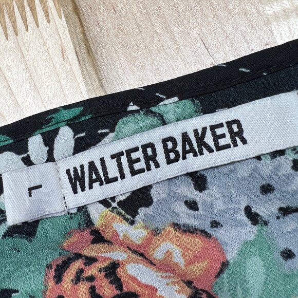 Walter Baker Floral Asymmetric Dress Ruffled Shoulders Black Multi Size Large - Picture 12 of 14